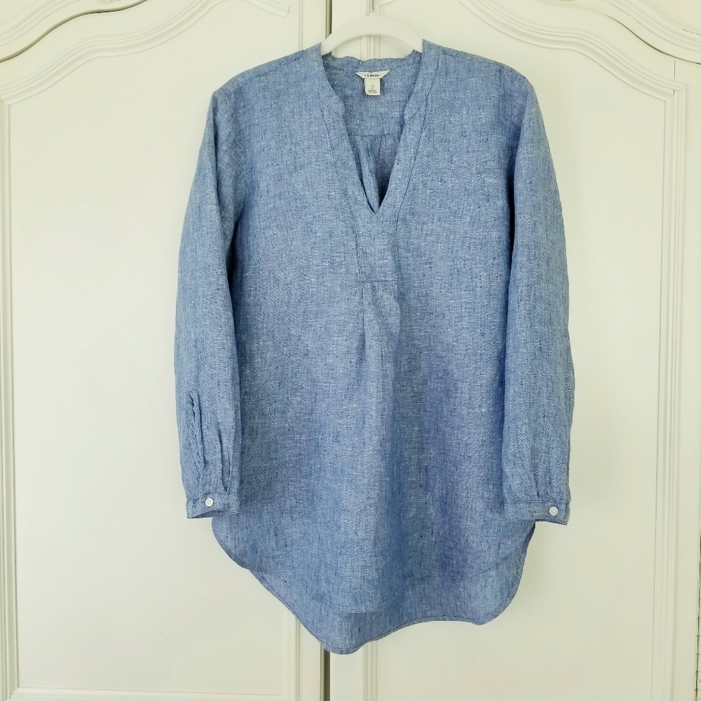L.L. Bean Blue Linen Long Sleeve Relaxed Fit Popover Tunic Top Small Petite